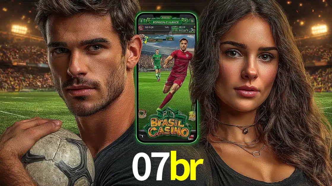 Homem segurando uma bola de futebol e uma mulher ao lado de um smartphone exibindo o jogo de apostas esportivas da 07br. Faça seu palpite no cassino online.